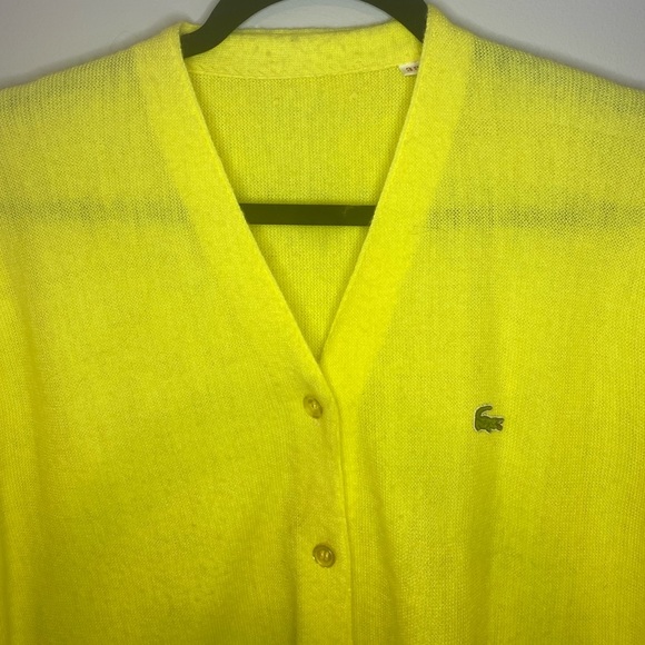 Vintage Lacoste 100% Wool Knit Oversized Button Up V-Neck Sweater Neon Yellow - Picture 4 of 11